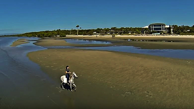 Drone capture of beach horse riding adventure