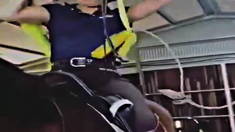 Rider on horse after using mounting device